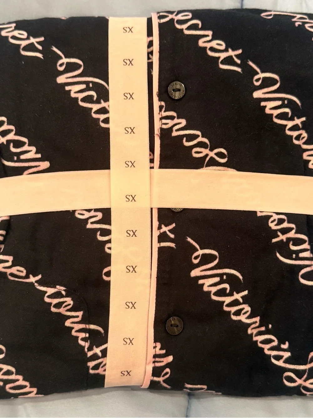 Victoria’s Secret Black Logo Flannel Pajama Set Pink Trim – XS NWT